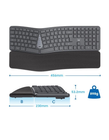 EWENT Teclado Ergonómico Bluetooth BT1 5.0 + BT2 3.0 Receptor USB A, b