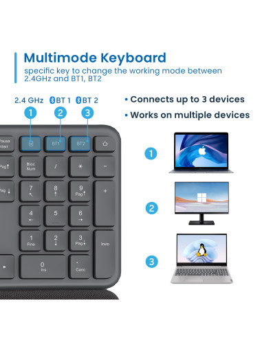EWENT Teclado Ergonómico Bluetooth BT1 5.0 + BT2 3.0 Receptor USB A, b