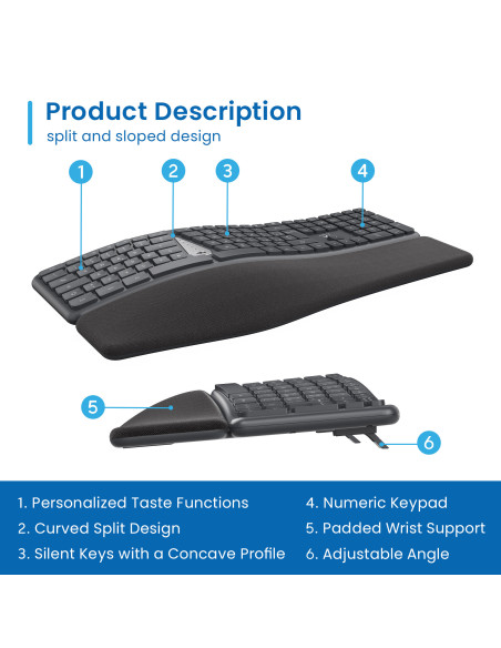 EWENT Teclado Ergonómico Bluetooth BT1 5.0 + BT2 3.0 Receptor USB A, b