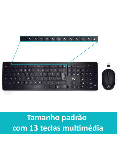 EWENT Teclado e Rato Wireless, teclas silenciosas de baixo perfil, bot