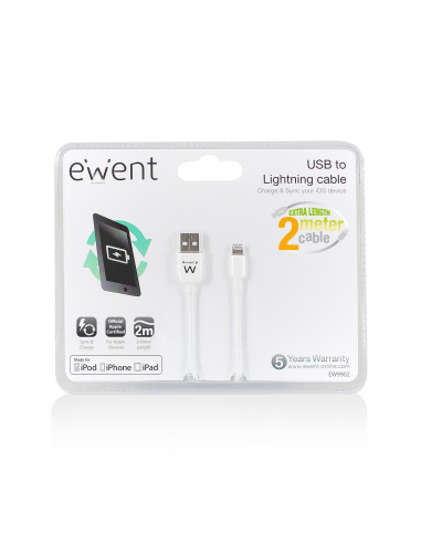 EWENT Cabo Lightning USB2.0, Cetificado MFI, 2m