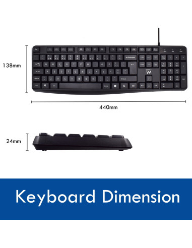 EWENT Teclado Low Profile e Rato com fio Óptico 1000dpi, teclas silenc