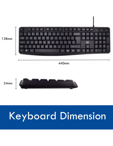 EWENT Teclado Low Profile e Rato com fio Óptico 1000dpi, teclas silenc