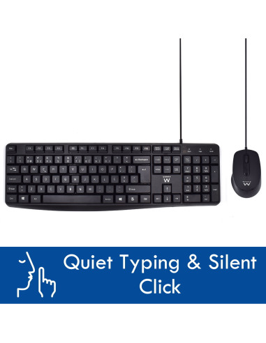 EWENT Teclado Low Profile e Rato com fio Óptico 1000dpi, teclas silenc