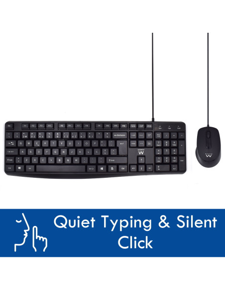 EWENT Teclado Low Profile e Rato com fio Óptico 1000dpi, teclas silenc