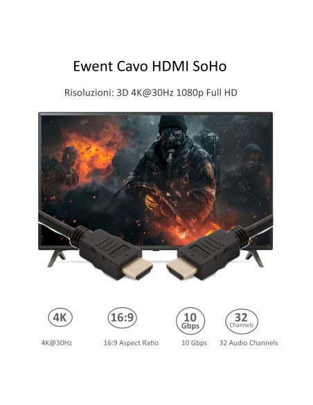 EWENT Cabo HDMI 1.4 SOHO com ethernet M/M AWG 30, 4K 30Hz 5.0 mt, CCS+