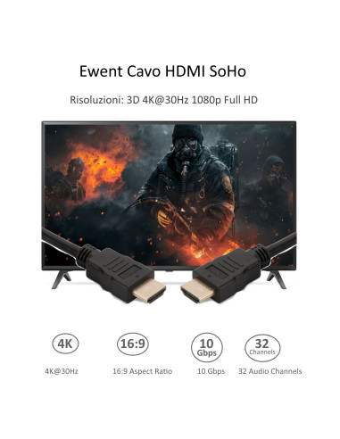 EWENT Cabo HDMI 1.4 SOHO com ethernet M/M AWG 30, 4K 30Hz 2.0 mt, CCS+