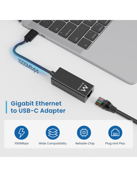 EWENT Adaptador de Rede Gigabit USB C, preto