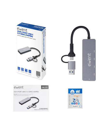 EWENT USB 3.2 Gen 2 (10Gbps), USB-C Hub, 4 portas USB-C USB 3.2 Gen 2