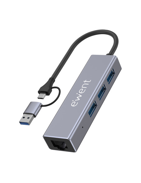 EWENT USB 3.2 Gen 1 USB-C Hub, 3 USB 3.2 Gen 1 portas, 1 Gigabit LAN p