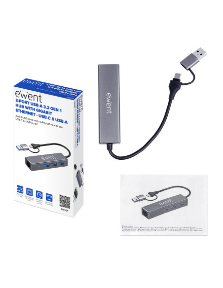 EWENT USB 3.2 Gen 1 USB-C Hub, 3 USB 3.2 Gen 1 portas, 1 Gigabit LAN p