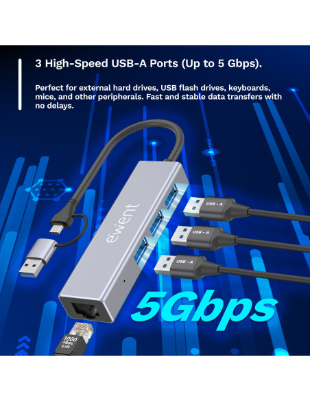 EWENT USB 3.2 Gen 1 USB-C Hub, 3 USB 3.2 Gen 1 portas, 1 Gigabit LAN p