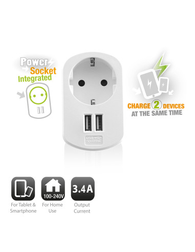 EWENT Carregador USB A 3.4A (17W) com tomada Shuko