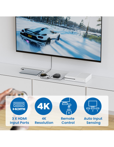 EWENT Switch HDMI 3 portas, 4K@30Hz, alimentação USB, comando incluido