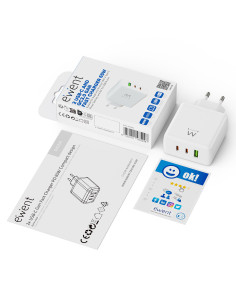 EWENT USB GAN AC charger 65W, 2xUSB-C 65W PD3.0 + 1xUSB-A QC3.0 x4prot 2