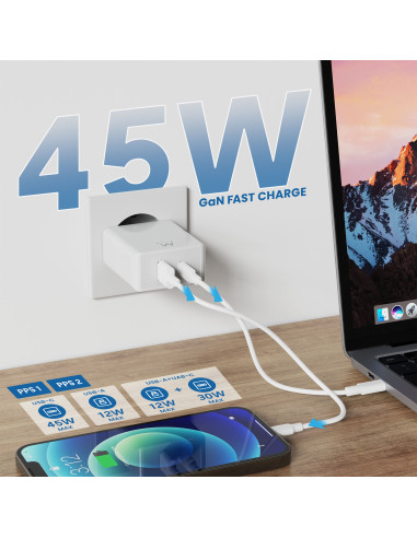 EWENT Carregador USB C e USB A GanFast, 2 portas (45W), branco