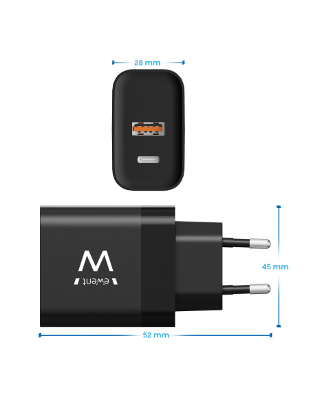 EWENT Carregador USB C e USB A GanFast, 2 portas (45W), preto