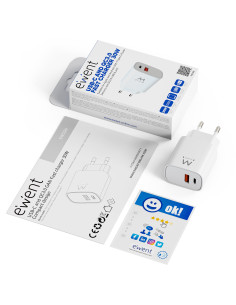EWENT USB GAN AC charger 30W, 1xUSB-C 30W PD3.0 + 1xUSB-A QC3.0 x4prot 2
