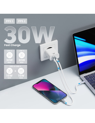 EWENT Carregador USB C e USB A QC3.0 AC PD, 2 portas (30W), branco