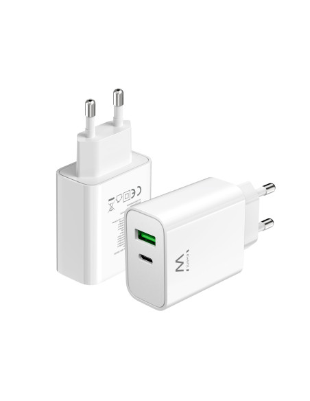 EWENT Carregador USB C e USB A QC3.0 AC PD, 2 portas (30W), branco