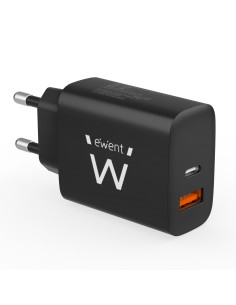 EWENT Carregador USB C e USB A QC3.0 AC PD, 2 portas (20W), preto