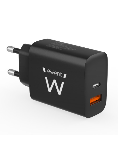 EWENT Carregador USB C e USB A QC3.0 AC PD, 2 portas (20W), preto