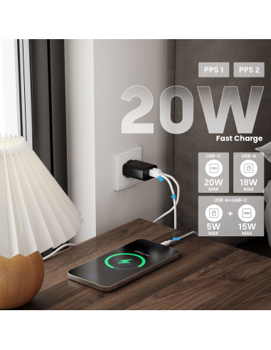 EWENT Carregador USB C e USB A QC3.0 AC PD, 2 portas (20W), preto