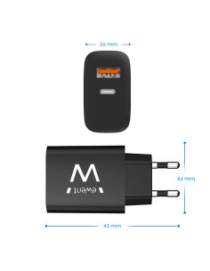 EWENT Carregador USB C e USB A QC3.0 AC PD, 2 portas (20W), preto 2