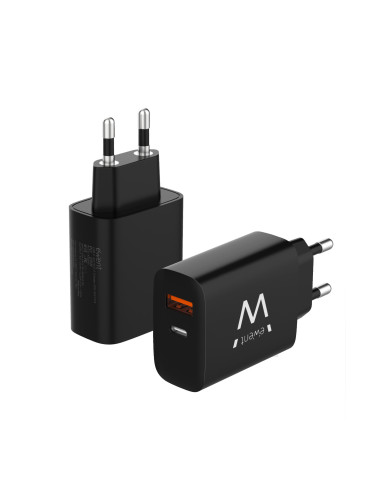 EWENT Carregador USB C e USB A QC3.0 AC PD, 2 portas (20W), preto
