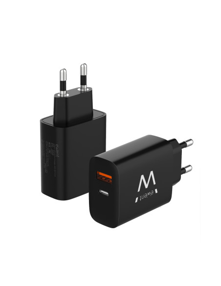 EWENT Carregador USB C e USB A QC3.0 AC PD, 2 portas (20W), preto