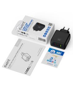 EWENT USB GAN AC charger 65W, 2xUSB-C 65W PD3.0 + 1xUSB-A QC3.0 x4prot 2
