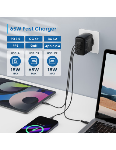 EWENT USB GAN AC charger 65W, 2xUSB-C 65W PD3.0 + 1xUSB-A QC3.0 x4prot