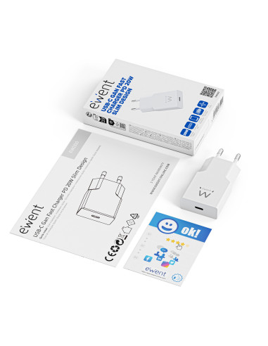 EWENT Carregador USB C GAN AC 20W, 1xUSB-C 20W PD3.0 QC3.0 Design Slim