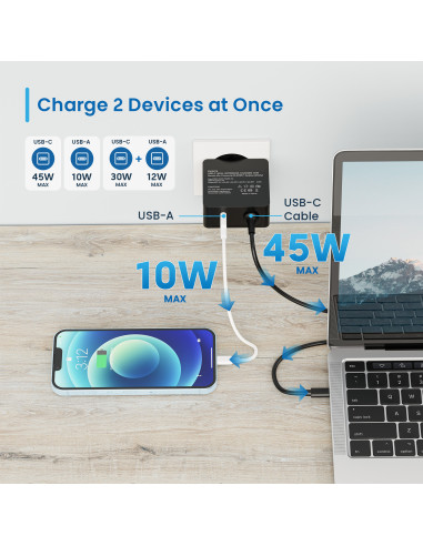 EWENT Carregador USB C 45W e 1 Porta USB-A com PD