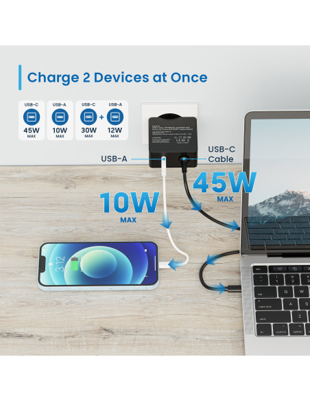 EWENT Carregador USB C 45W e 1 Porta USB-A com PD