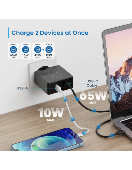 EWENT Carregador USB C 65W e 1 Porta USB-A com PD