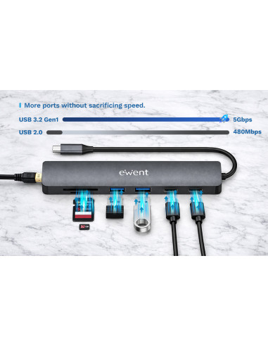 EWENT Dock Multiporta USB-C 7 em 1, 1x USB-C dados, 2x USB 3.2 Gen1, 1