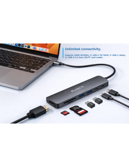 EWENT Dock Multiporta USB-C 7 em 1, 1x USB-C dados, 2x USB 3.2 Gen1, 1