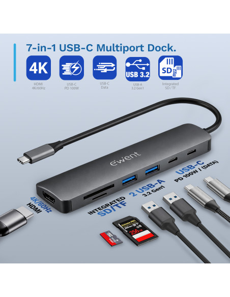 EWENT Dock Multiporta USB-C 7 em 1, 1x USB-C dados, 2x USB 3.2 Gen1, 1