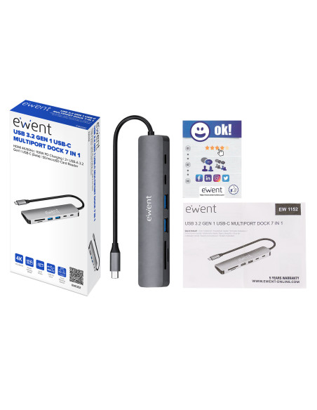 EWENT Dock Multiporta USB-C 7 em 1, 1x USB-C dados, 2x USB 3.2 Gen1, 1