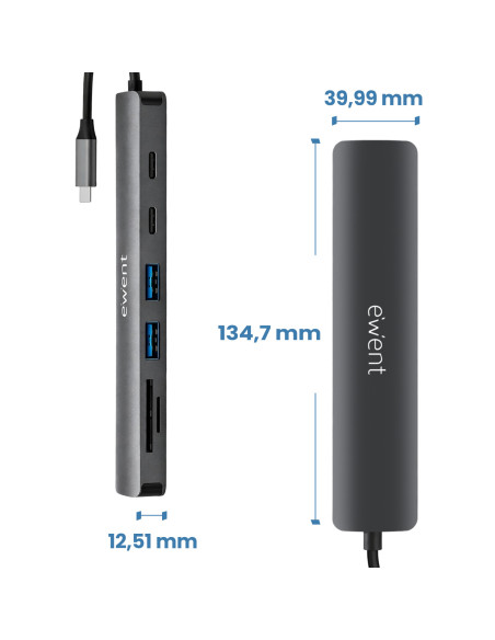 EWENT Dock Multiporta USB-C 7 em 1, 1x USB-C dados, 2x USB 3.2 Gen1, 1