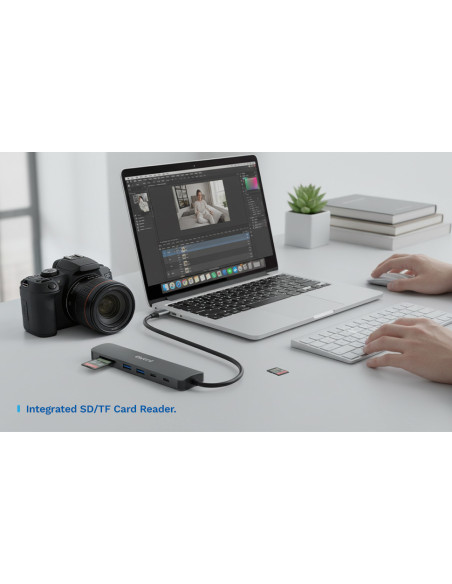 EWENT Dock Multiporta USB-C 7 em 1, 1x USB-C dados, 2x USB 3.2 Gen1, 1