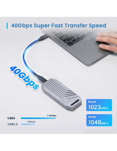 EWENT Caixa Externa USB 4 USB-C M.2 NVMe SSD Screwless, Cabo USB C-C