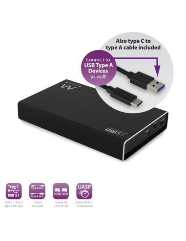 EWENT Caixa Externa para HDD/SSD USB 3.2 Gen 2 USB C de 2.5", cabo USB