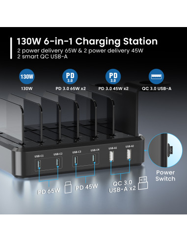 EWENT Estação de Carregamento 6 portas USB, 130W para Portáteis, Table