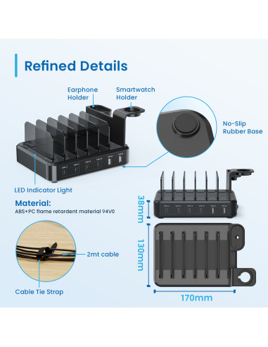 EWENT Estação de Carregamento 6 portas USB, 130W para Portáteis, Table