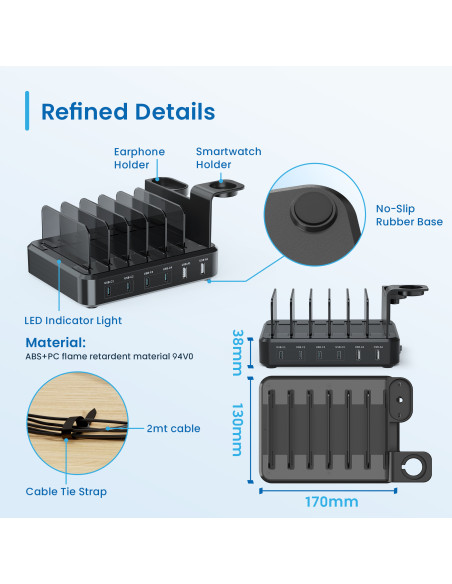 EWENT Estação de Carregamento 6 portas USB, 130W para Portáteis, Table