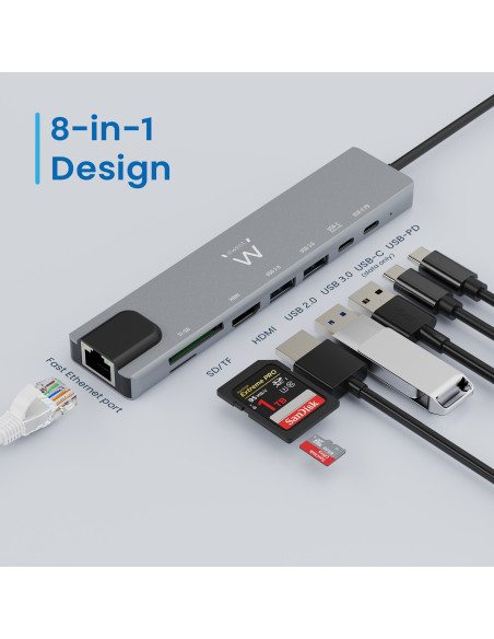 EWENT Dock Multiporta USB-C 8 em 1 USB 3.2 Gen 1 USB-C, HDMI 4K, PD 87