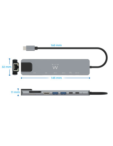 EWENT Dock Multiporta USB-C 8 em 1 USB 3.2 Gen 1 USB-C, HDMI 4K, PD 87