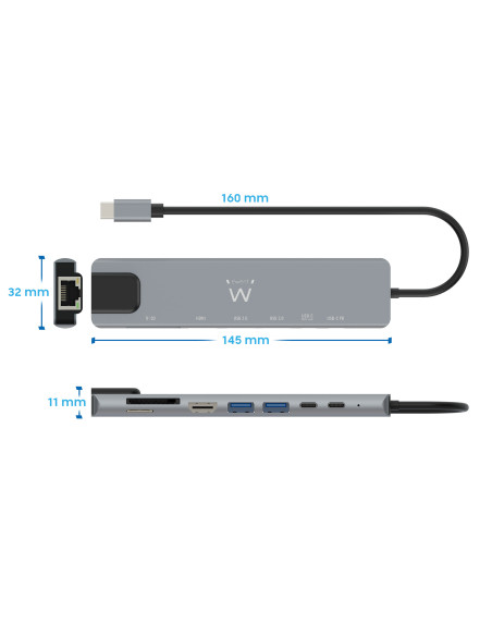 EWENT Dock Multiporta USB-C 8 em 1 USB 3.2 Gen 1 USB-C, HDMI 4K, PD 87